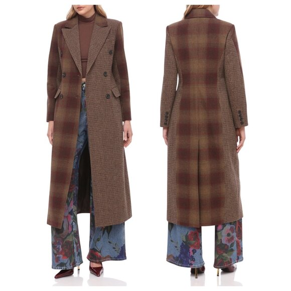 Avec Les Filles Colorblock Plaid Double Breasted Maxi Coat - Picture 1 of 3